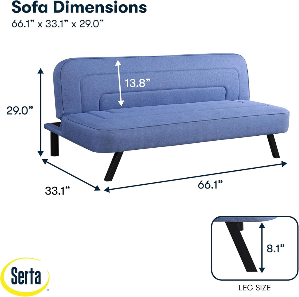 Serta Fairwood 66.1" Convertible Futon Sofa, Short Twin Size, Modern Boho, Dream Coil Comfort, Fingerguard Pinch Point Protection, Soft Woven Polyester Fabric, Blue