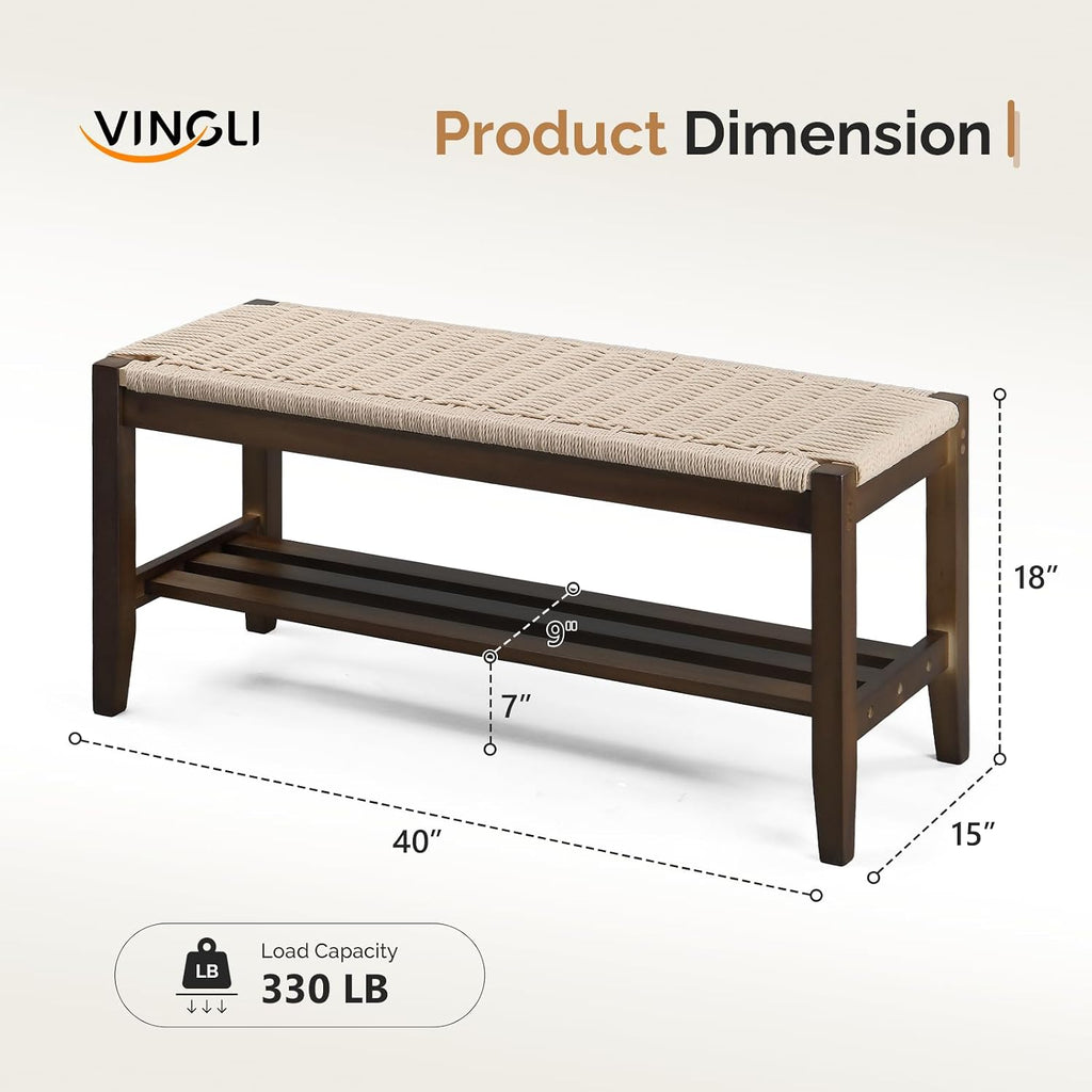 VINGLI Boho Storage Bench, Rattan Entryway Bench with Natural Woven Seat & Wood Frame, Dining Wicker Bench Indoor Bedroom Bench for End of Bed, Dining Room, Living Room and Hallway, Walnut, 39.8 Inch
