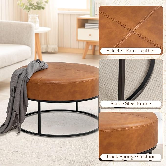 Modern Round Coffee Table, Farmhouse Ottoman for Living Room, Large Vintage Leather Coffee Tables with Leather Upholstered Padded Seat [Round, Vintage Brown, 30'']