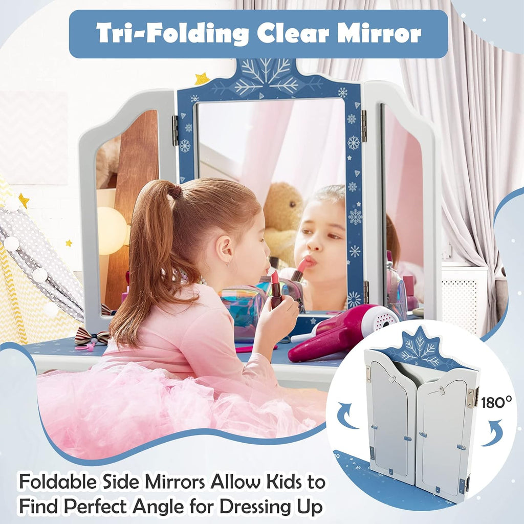 HONEY JOY Kids Vanity, Snowflake Themed Princess Makeup Vanity Set for Little Girls, Real Glass Tri-Folding Mirror, Bedroom Dressing Table & Chair Set, Wooden Girls Vanity Set w/Mirror and Stool(Blue)