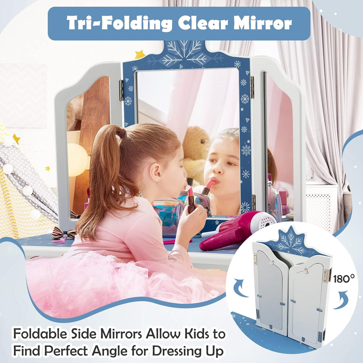 HONEY JOY Kids Vanity, Snowflake Themed Princess Makeup Vanity Set for Little Girls, Real Glass Tri-Folding Mirror, Bedroom Dressing Table & Chair Set, Wooden Girls Vanity Set w/Mirror and Stool(Blue)