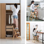 Solid Wood Folding Bar Stool Height Foldable Stool Tall Stool 3 Step Multifunction Indoor Ladder Stool Portable Foldable Stool Step Stool for Household Kitchen Bathroom Storage Shelf(Blue)