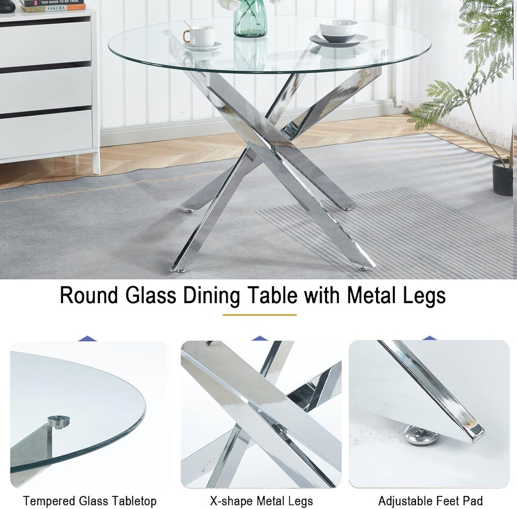 Henf 7 Piece Round Dining Table Set with 6 Upholstered Chairs, 47'' Glass Round Kitchen Table Set for 6, X-Shape Metal Legs, Modern Silver Glass Dining Table and Chair Set for 6