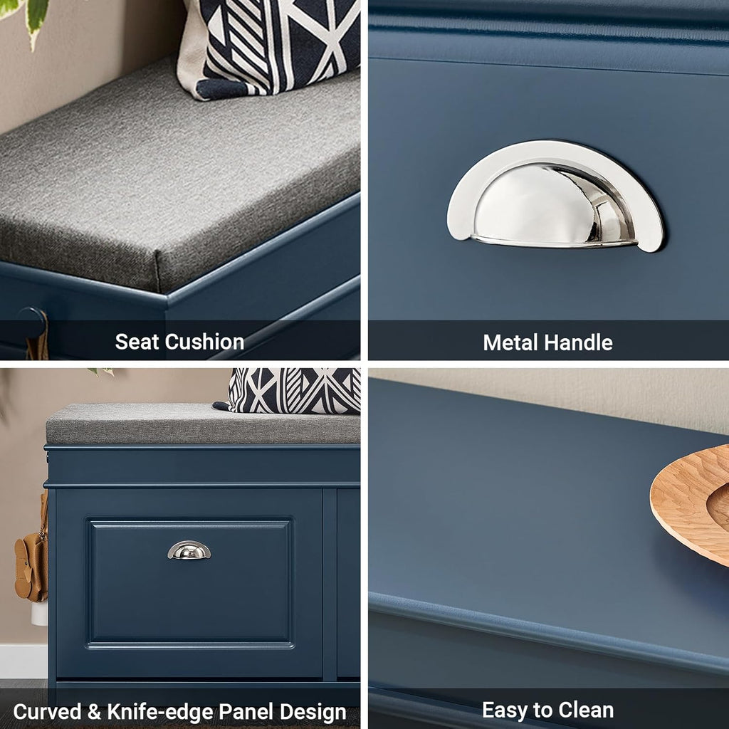 Haotian Shoe Storage Bench Entryway, Shoe Cabinet Bench with 2 Flip Drawers & Cushion, Modern Design Shoe Organizer for Hallway, Navy Blue FSR64-B