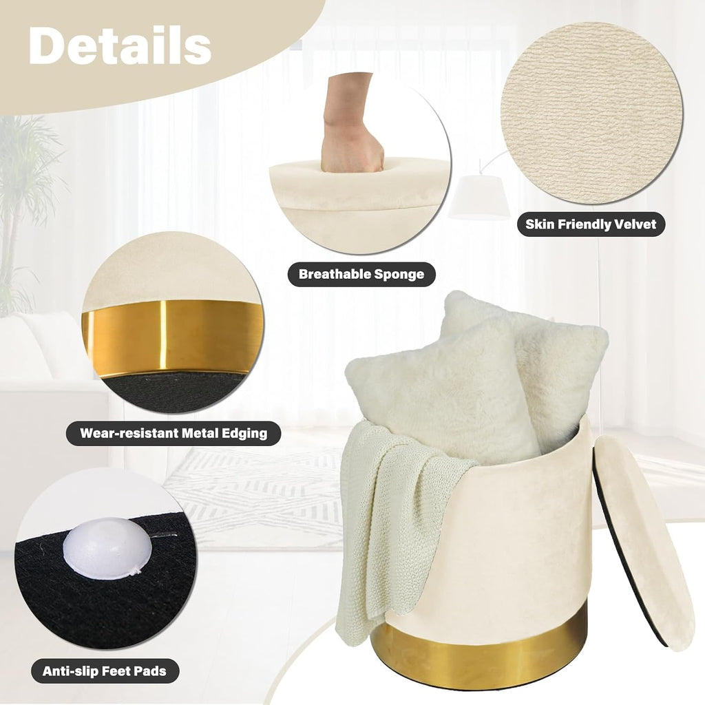 Round Ottoman with Storage Set of 2, Vanity Foot Stool with Storage, Nesting Upholstered Small Ottoman Foot Rest with Gold Plating Base for Room, Bedroom, Dorm, White Velvet Ottomans