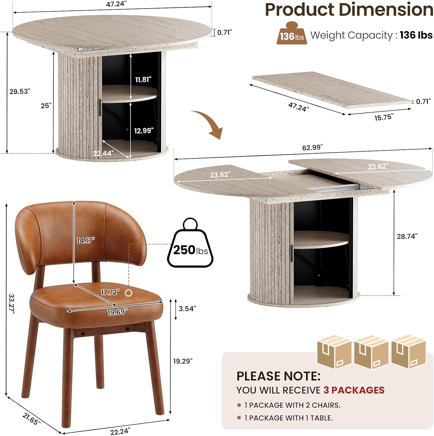 MALOL 47"-63" Extendable Round to Oval Dining Room Table Chairs Set for 4-8, Modern Wooden Kitchen Table and Chairs with Hidden Storage and Fluted Design for Dining Room/Small Space(White and Brown)