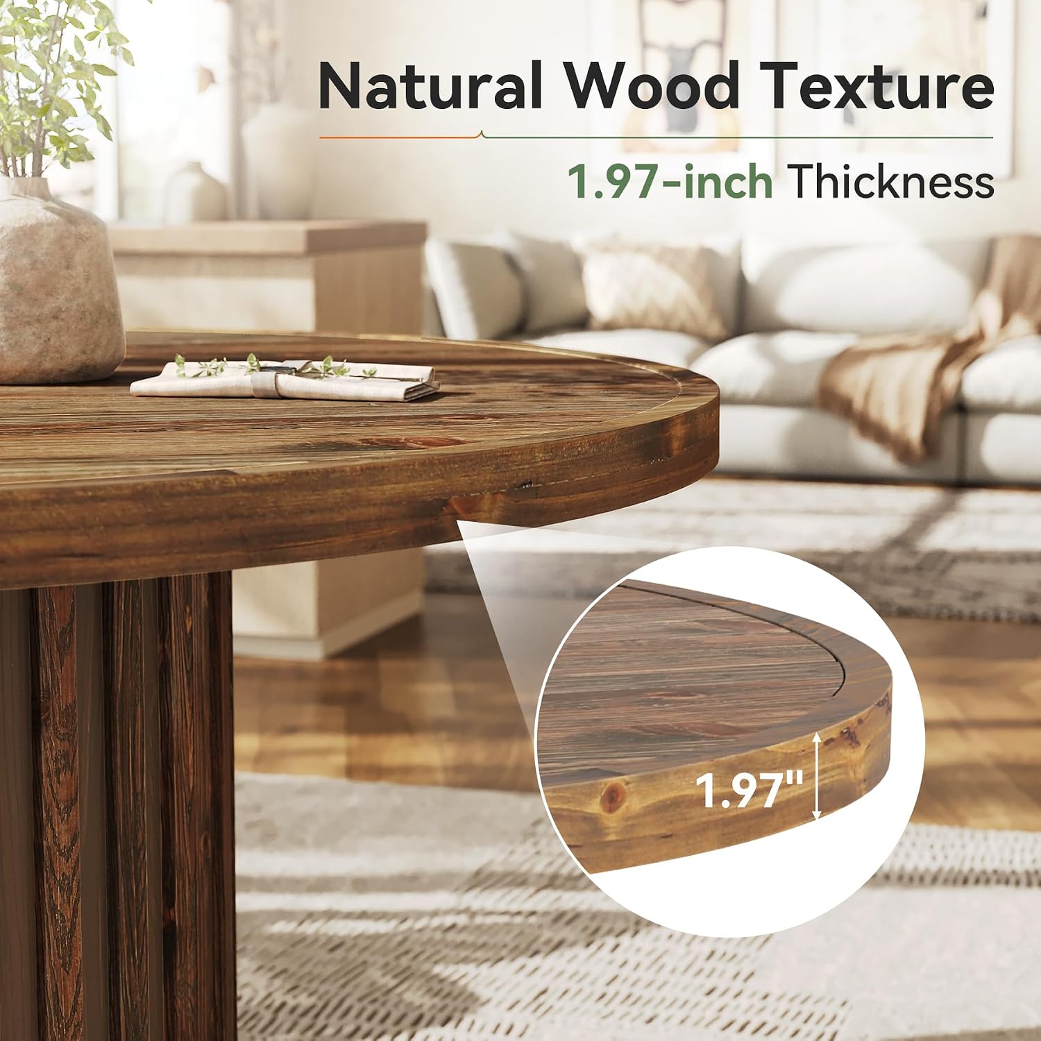 Tribesigns 47-Inch Round Dining Table for 4-6, Farmhouse Wood Kitchen Table with Striped Pedestal Base, Circle Wooden Dining Room Furniture for Kitchen Living Room, Dark Brown