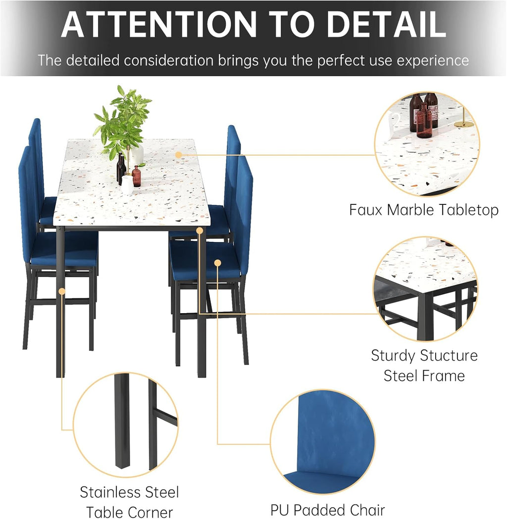 AWQM Dining Table Set for 4, Modern Faux Marble Dining Table Set with 4 Upholstered Velvet Chairs, Dining Room Table Set for Kitchen, Breakfast Nook, Dining Room, Blue