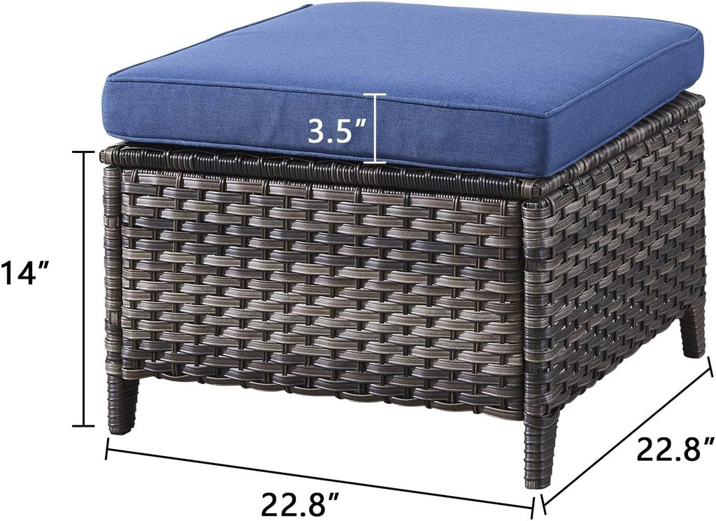 Outdoor Rattan Ottomans Wicker with Blue Cushion (Set of 2) Black Modern Contemporary Square Steel Ottoman Included