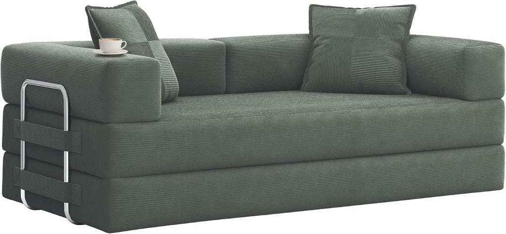 GRUSIGN 78 Inch Convertible Sofa Bed, 5-in-1 Futon Sofa Bed Pull Out Couch, Couch Bed for Living Room, Corduroy Couches for Bedroom, Apartment, No Assembly Sleeper Sofa Bed, Green