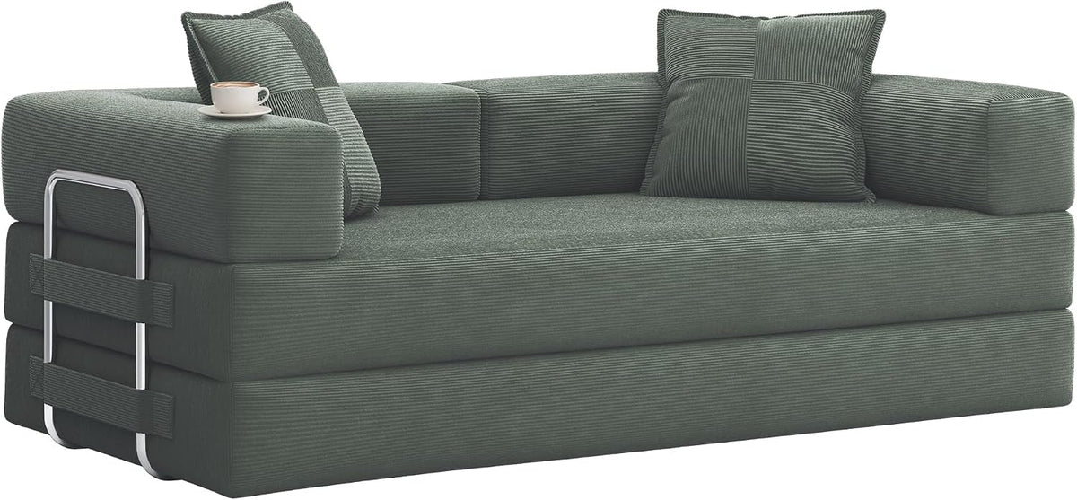 GRUSIGN 78 Inch Convertible Sofa Bed, 5-in-1 Futon Sofa Bed Pull Out Couch, Couch Bed for Living Room, Corduroy Couches for Bedroom, Apartment, No Assembly Sleeper Sofa Bed, Green