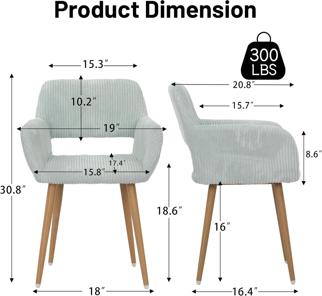 KCC Small Modern Dining Room Arm Chairs for Kitchen 1 PC,Blue | Mid-Century Upholstered Corduroy Fabric Side Seat Club Guest with Metal Tube Legs