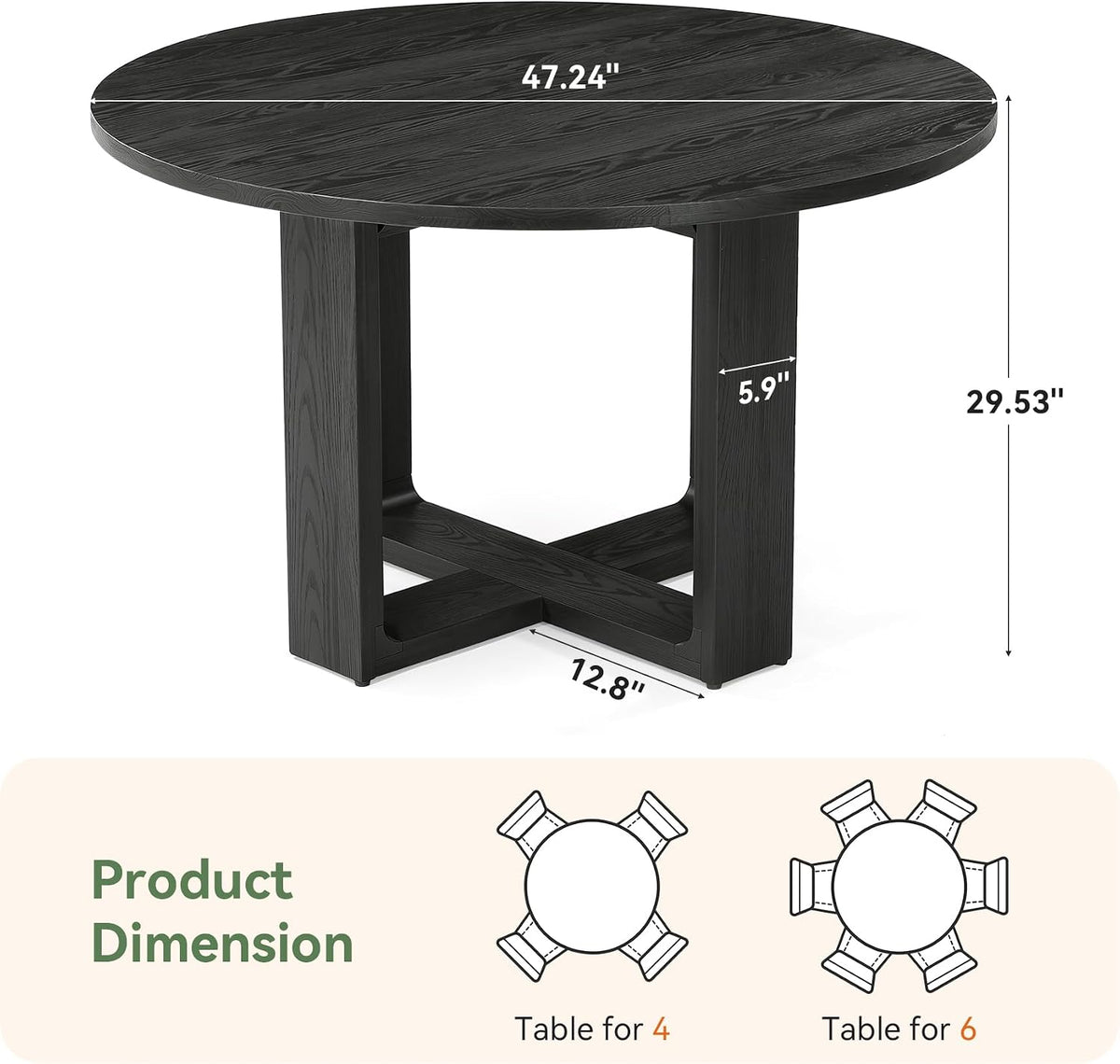 47.24" Black Round Dining Table for 4–6 People, Solid Wood Kitchen Table with 1.18" Thick Wooden Tabletop & Stable Cross-Shaped Base for Dining Room, Pure Black