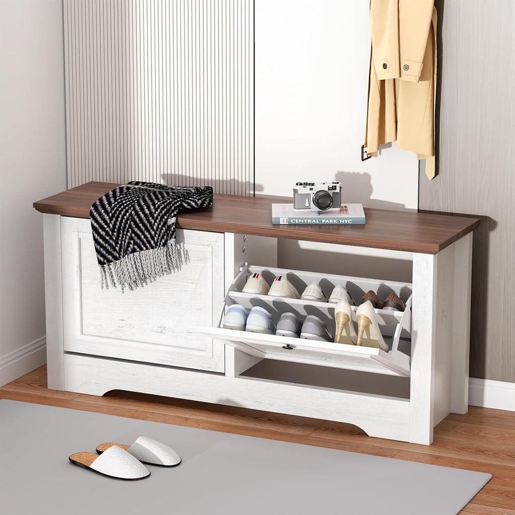 Shoe Storage Bench with Seat, Entryway Shoe Cabinet with Drawers | Flip Drawers and Hidden Storage, Comfortable Seating for Entryway, Hallway, Foyer and Small Spaces