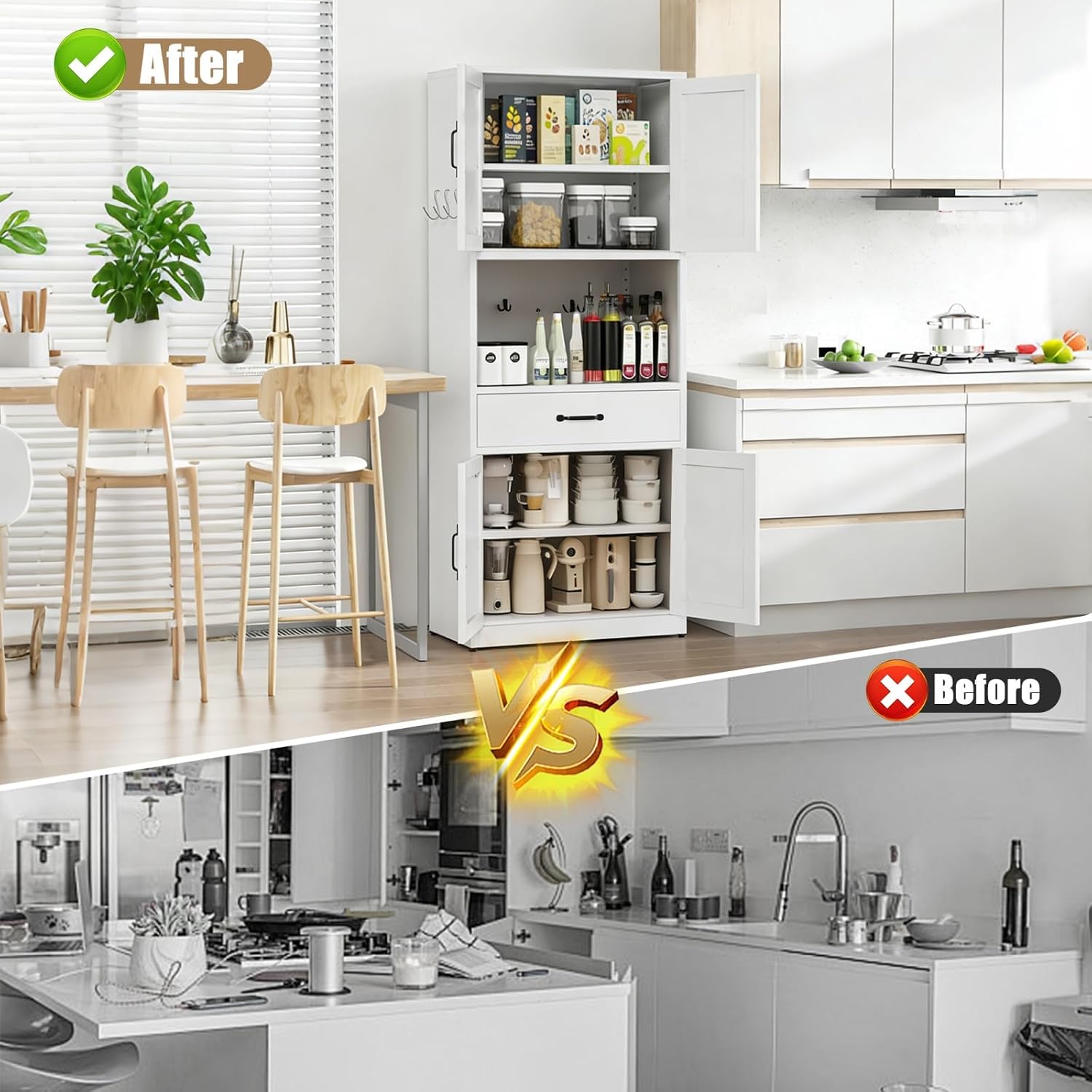 White Pantry Cabinet, Freestanding Kitchen Storage Cabinet with 2 Drawers & 2 Adjustable Shelves, Steel Cabinet with Magnetic Doors, for Small Kitchen Pantry Room, 27.6x13.8x72 Inches