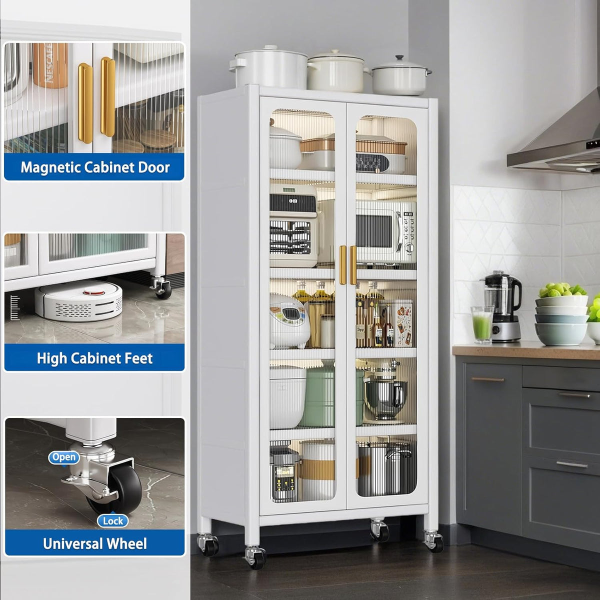 65" Metal Kitchen Cabinet with Transparent Doors, 6-Tier Rolling Pantry Cabinet on Wheels - Sturdy Adjustable Shelves, Mobile Storage Buffet Cabinet for Kitchen, Living Room, Dining Room(White)