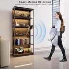 Display Cabinet with Glass Doors, 5-Tier 65" Glass Display Cabinet with LED 3-Color Lights & Human Body Sensor, Curio Cabinet with Textured Wood Shelves for Collectibles,Black Iron Frame
