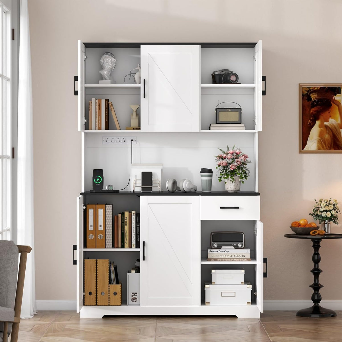 Gyfimoie 71’’ Farmhouse Kitchen Pantry Cabinet, Tall Storage Cabinet with Power Outlet, Freestanding Hutch with Drawer, 4 Adjustable Shelf & 6 Doors for Kitchen Living Room (White)