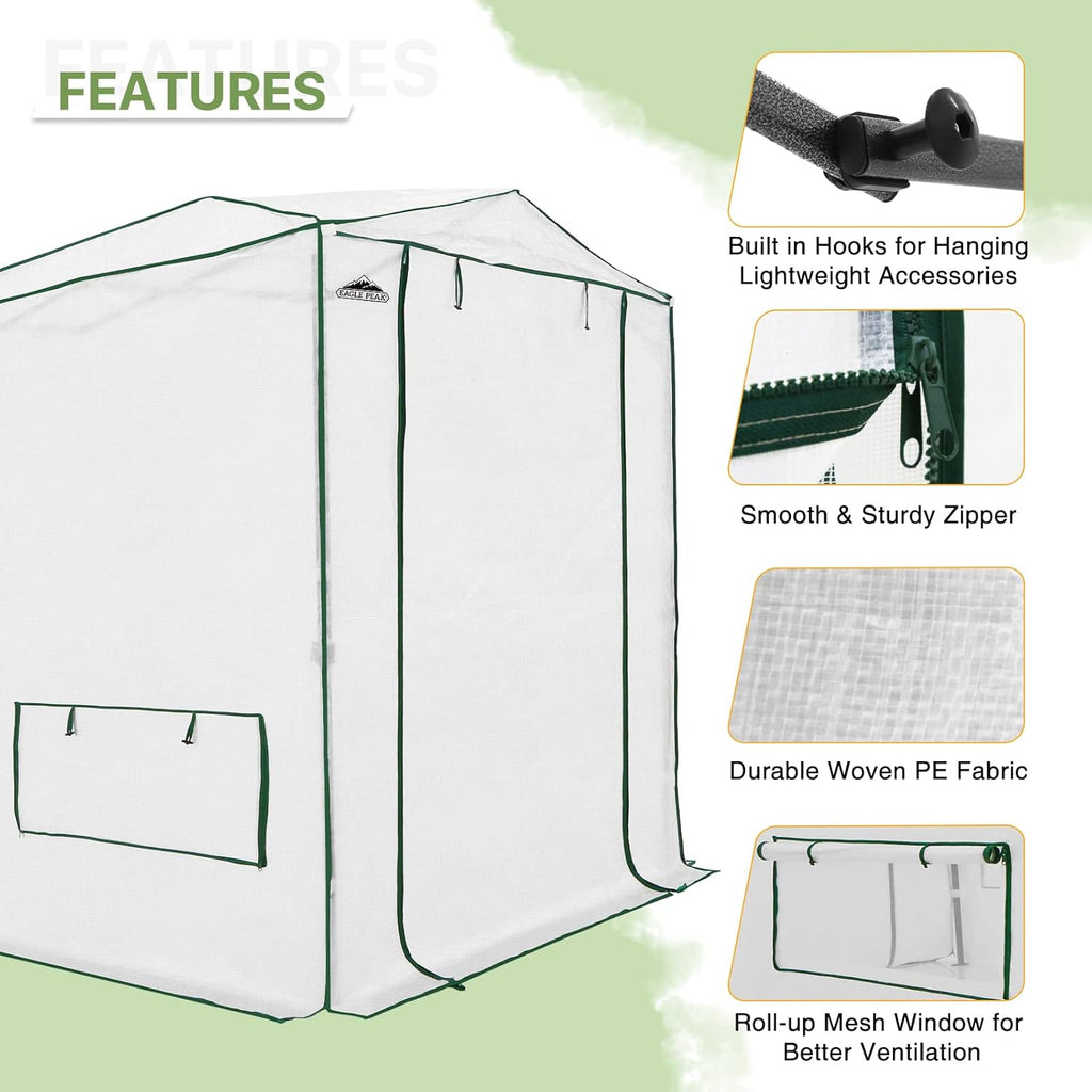 EAGLE PEAK Instant Pop-up Greenhouse, Indoor Outdoor Plant Gardening Green House, Roll-Up Zipper Doors and Side Windows, Heavy Duty Walk in 8x6 ft, Woven PE Top, White