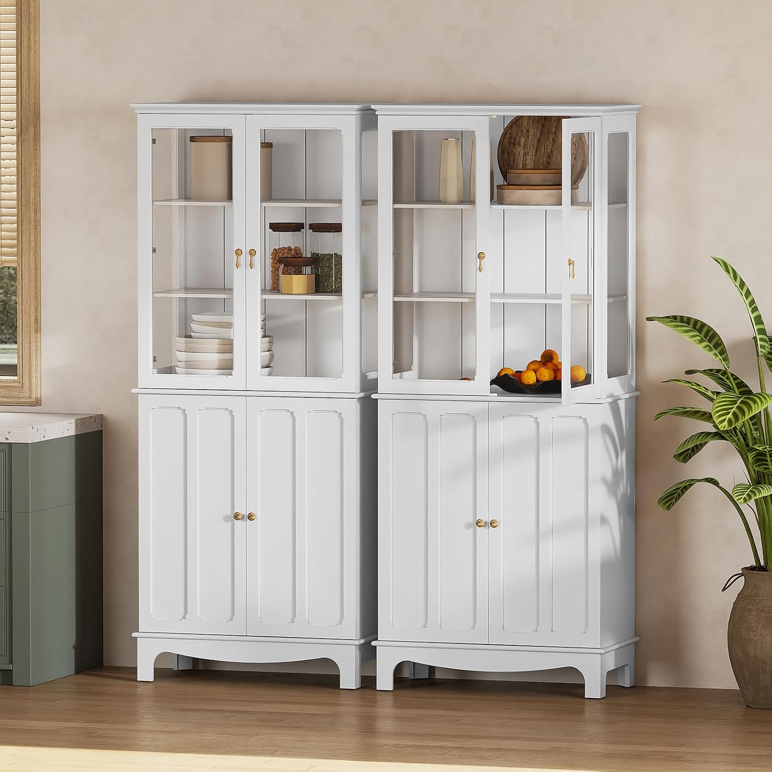 ARTPOWER 72" China Cabinet, Freestanding Kitchen Pantry with Tempered Glass Doors, Tall Sideboard Buffet Hutch with Adjustable Shelves for Dining Room, Living Room, White