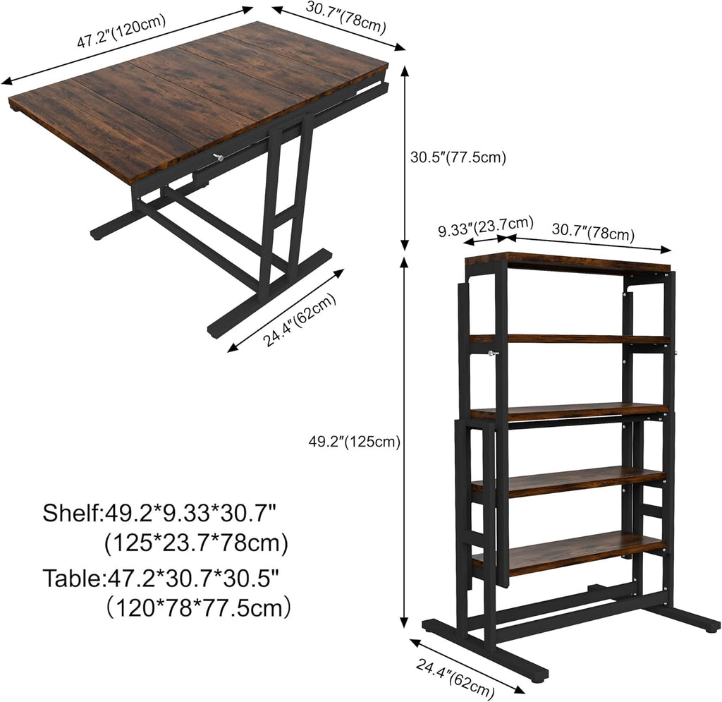 Convertible Dining Table, Multipurpose Mahogany Storage Shelf, 2 in 1 Bookshelf to Kitchen Table, Space Saving Transformer Shelf Table for Dining Room, Living Room (Rustic Brown, 47.2 Inch)