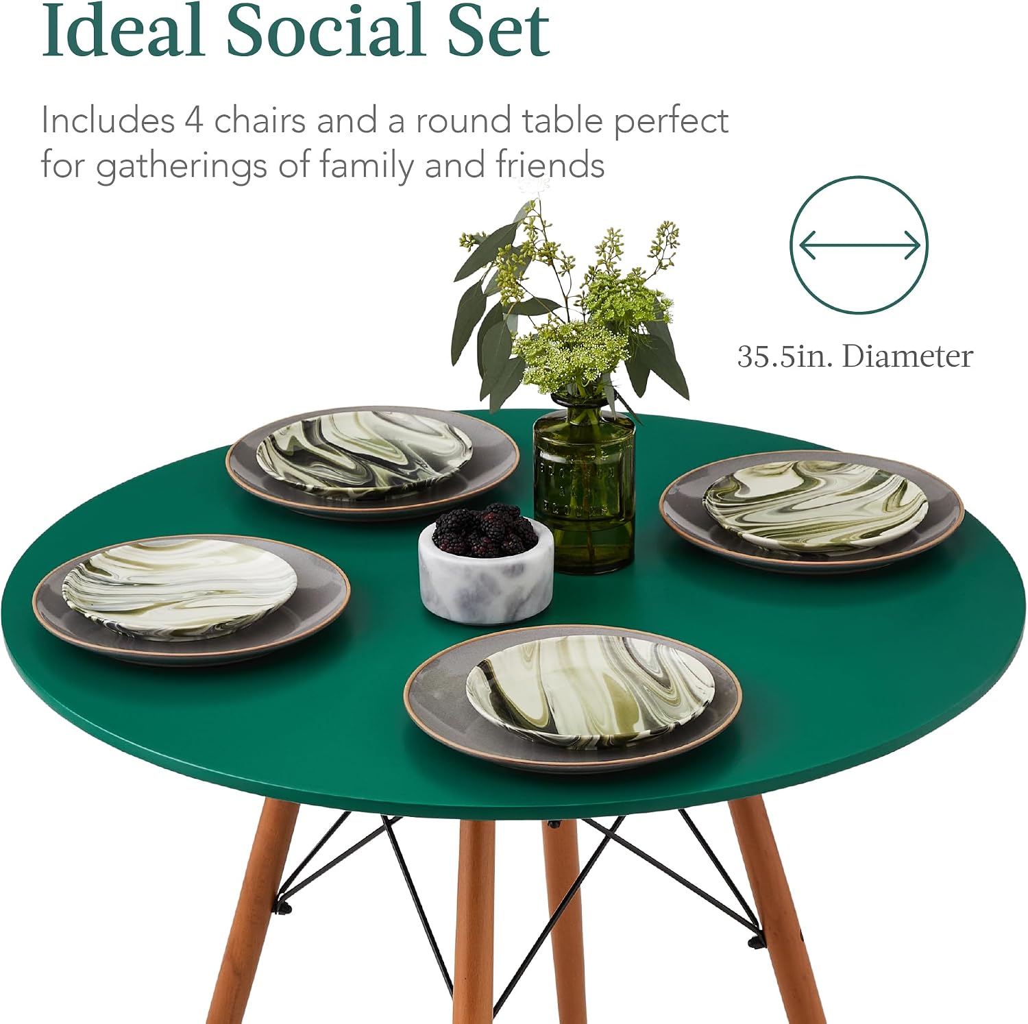 Best Choice Products 5-Piece Dining Set, Compact Mid-Century Modern Table & Chair Set for Home, Apartment w/ 4 Chairs, Plastic Seats, Wooden Legs, Metal Frame - Dark Green/Walnut