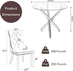 Modern Silver Round Glass Dining Table Set for 2, 36'' Luxury Minimalist Circle Dinette Room Set, 3 PCS Clear Circular Glass Top Kitchen Set, Black High-end Tufted Chairs, for Small Place