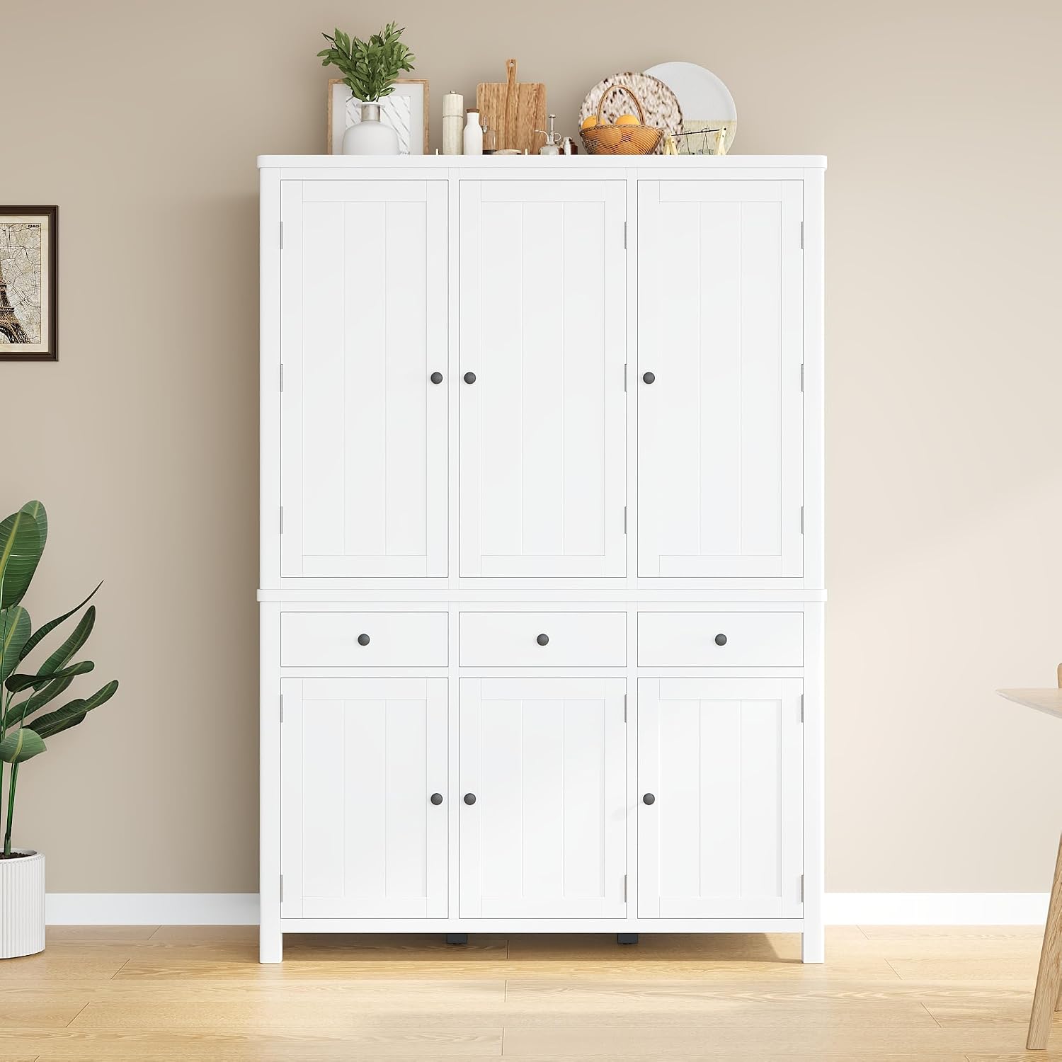 Farmhouse 74.8''H High Freestanding Kitchen Pantry,Large Cupboard Storage with Door Shelves,Adjustable Shelves, Pull-Out Trays and Drawers (White-A)