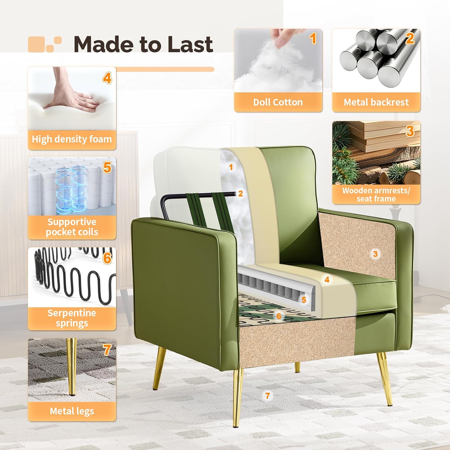 VINGLI Faux Leather Accent Chair with Gold Leg for Living Room, Small Space | Brown Armchair, Thick Foam Cushion, Durable Faux Leather PU, Sturdy 380 LB Frame, Elegant Gold Legs, Compact Modern Design