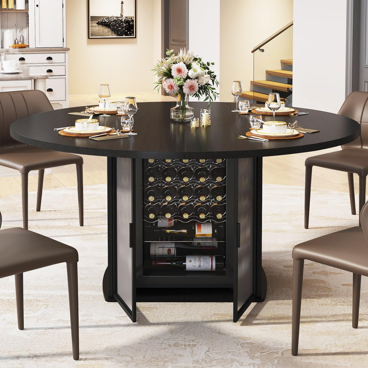 IBF Black Round Dining Table for 4-6, 47" Kitchen Table with Fridge Space, Modern Dining Room Tables with Storage, Industrial Wood Dinner Tables for Home Kitchen Living Room, Black Oak, Only Table