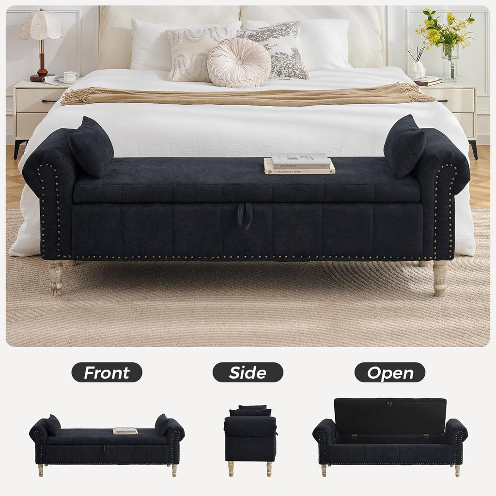 67" Storage Bench for Bedroom End of Bed King Size, Bedroom Bench with Storage for Foot of Bed, Upholstered Storage Benches with Nailhead Trim and Pillows, Linen Black