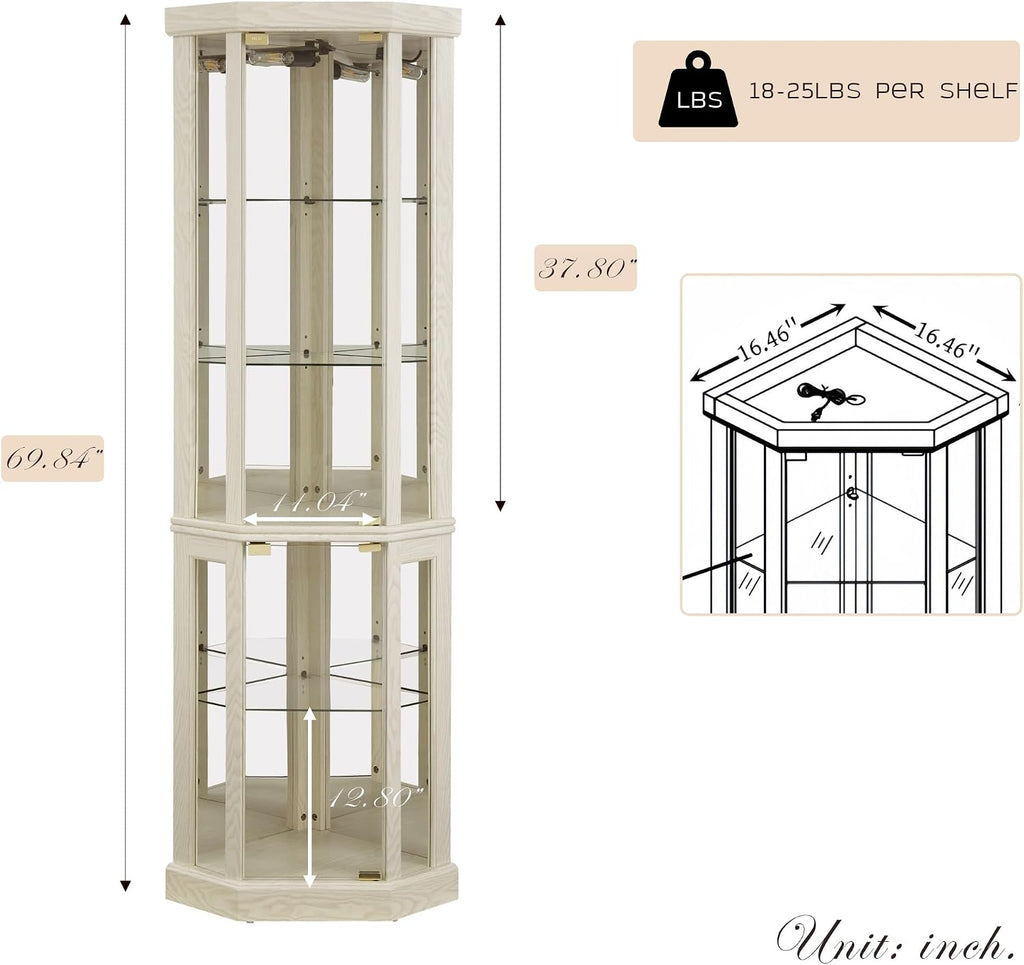 Corner Curio Cabinet, 70" H Lighted Glass Display Cage with Tempered Glass Doors and 5 Adjustable Shelves, Light Bulb Inclued, Wine Bar China Cabinet for Living Room (White)