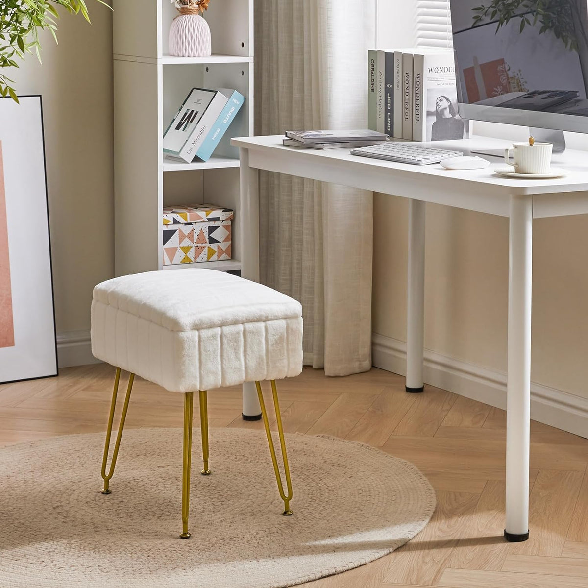 IBUYKE Vanity Chair with Storage, Faux Fur Footrest Ottoman, White LG-50W | Small Side Table Vanity Stool Makeup Room Bedroom Anti-Slip Feet