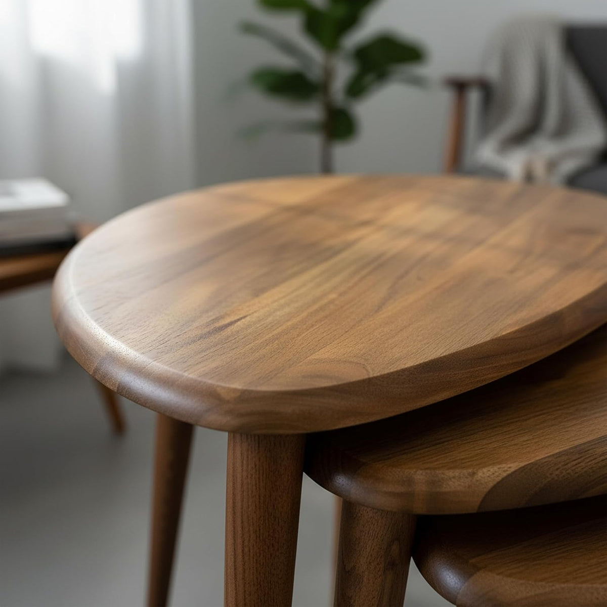Ultimate Premium Products Solid Nesting Table Set of 3- Walnut Mid Century Pebble Tables with Tapered Legs – Wooden Home Furniture in a Retro Style - Walnut