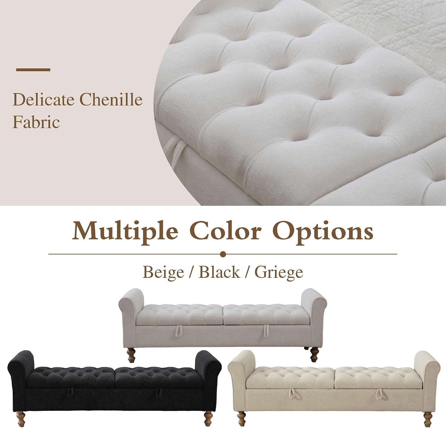 Chifee & Vingol 65" Storage Ottoman Bench Upholstered End of Bed Bench Modern Entryway Benches Double Openings Window Benches for Bedroom Living Room Entryway,Beige