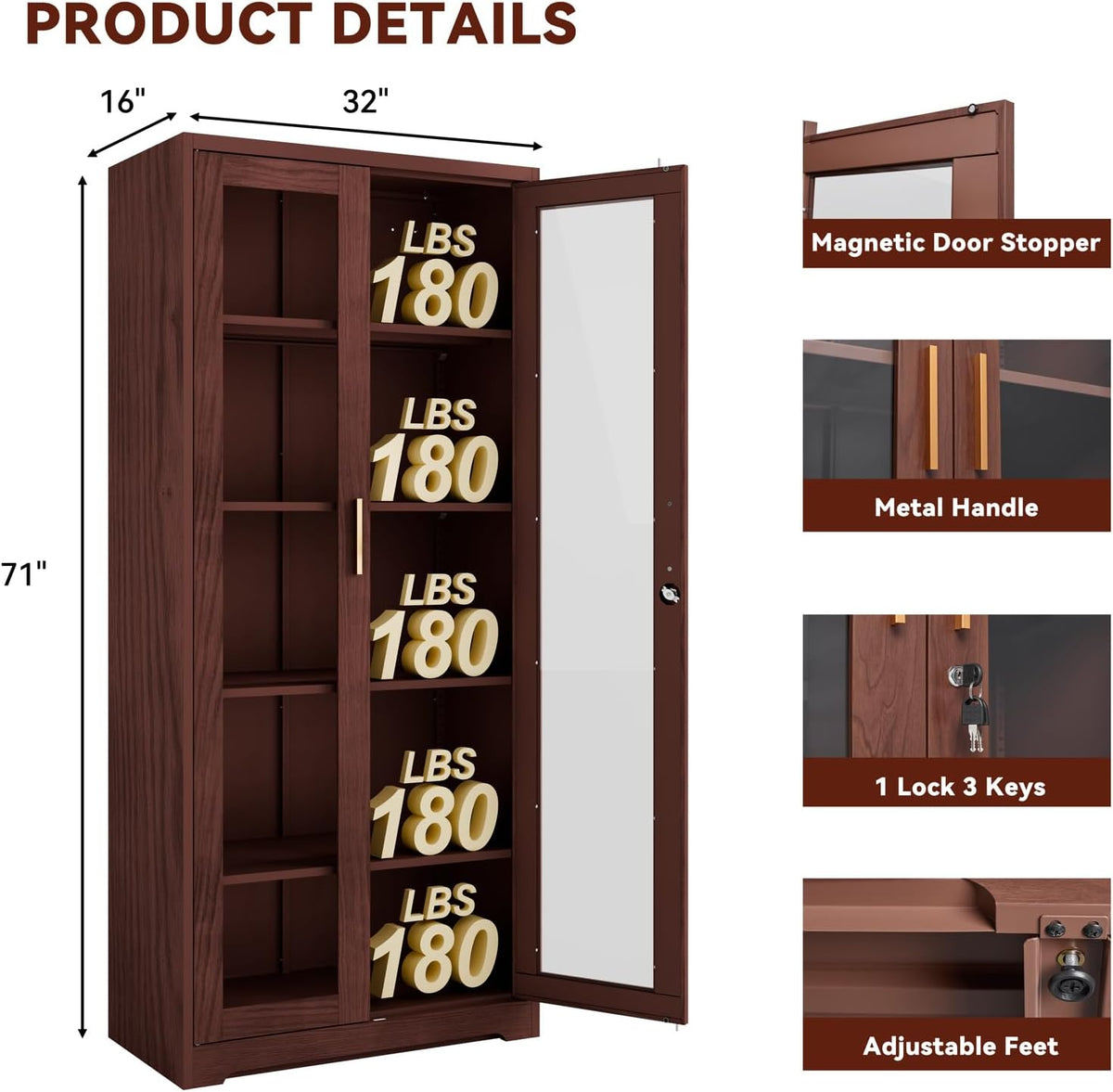 Display Cabinet with Glass Doors,71" Metal Curio Cabinets with 4 Adjustable Shelves, 5 Tier Display Case for Collectibles, Metal Storage Cabinet, Brown