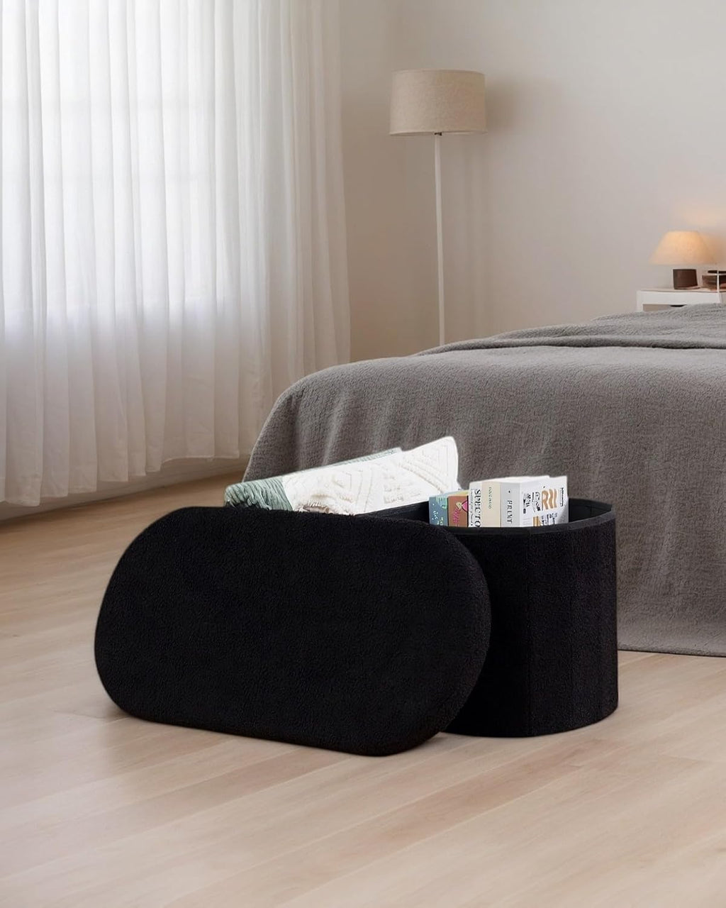 30" Oval Foldable Ottoman with Storage, Teddy Boucle Fabric Footrest, Storage Bench for Living Room, Bedroom, Entryway, Dorm, Black