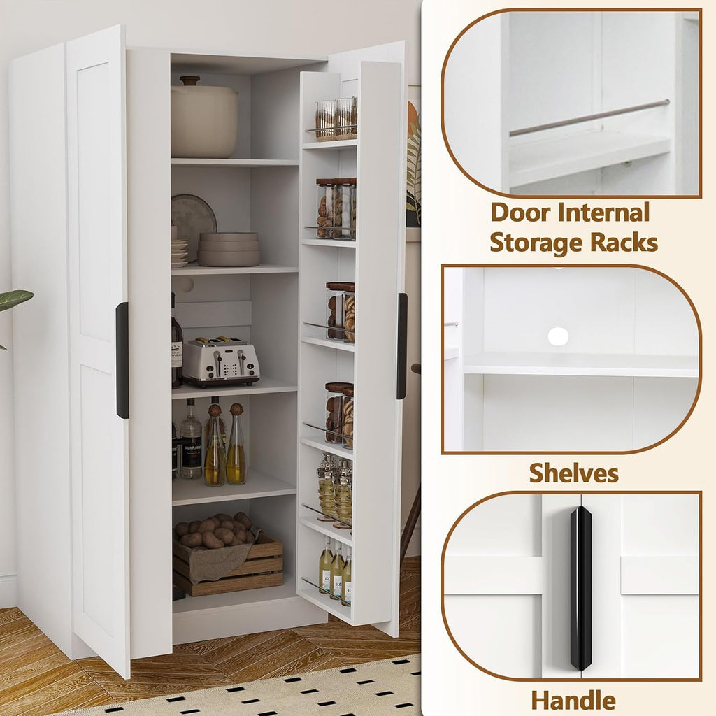 63” Tall Kitchen Pantry Cabinet, Pantry Storage Cabinet with Doors & Shelves, Freestanding Storage Cupboard for Dining Room Living Room, Wooden Structure, Easy Assembly (White)