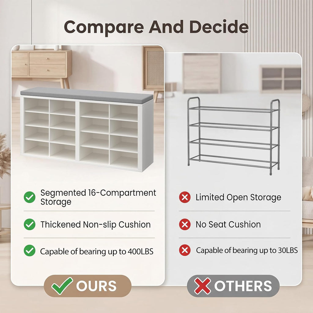 Shoe Rack Bench, Shoe Storage Bench with Cushion, Shoe Organizer 16 Cubbies for Entryway Hallway Bedroom Living Room, Holds Up to 400lbs