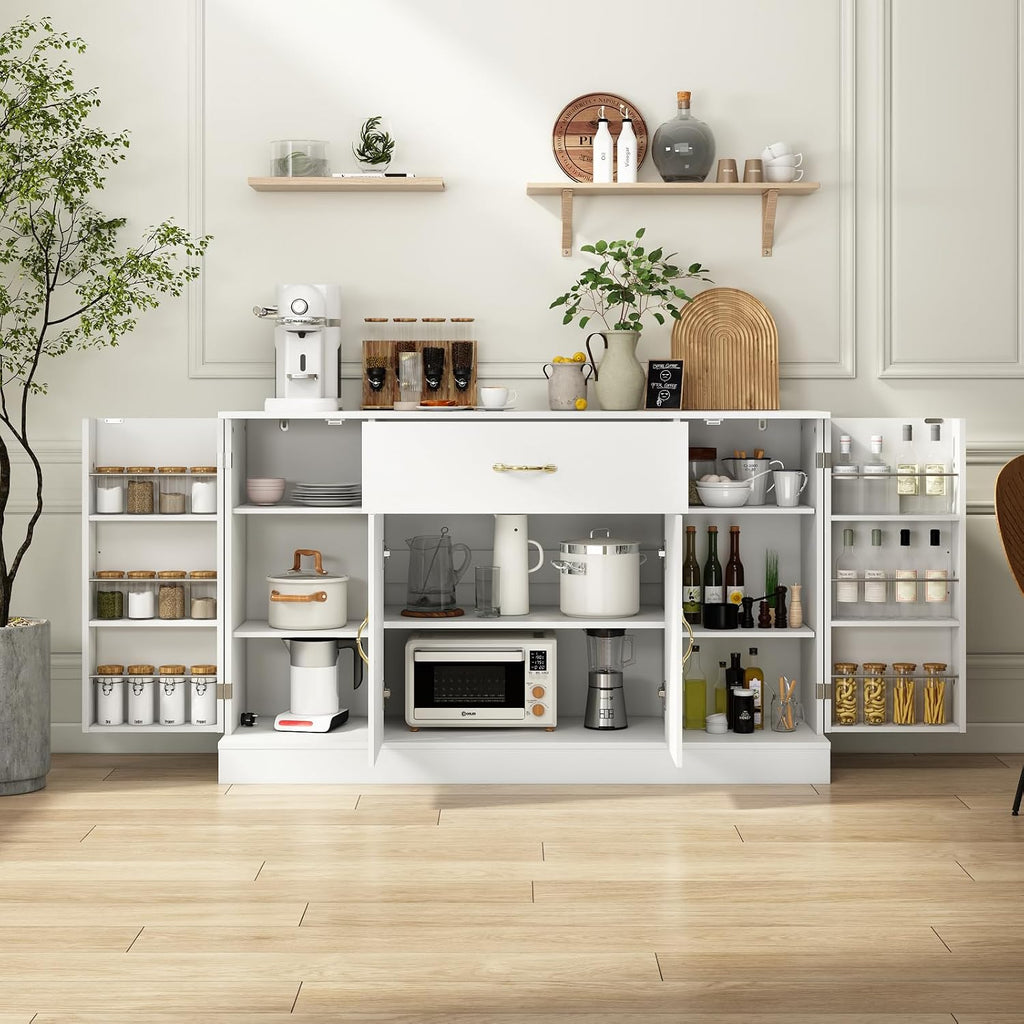 55" Kitchen Pantry Cabinet, Large Storage Cupboard with Doors and Shelves, White Kitchen Storage Cabinet with Drawer, Versatile Buffet Sideboard for Dining Room and Craft Room