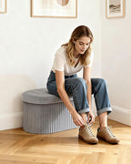 GLAXYFUR Folding Storage Ottoman, Velvet Upholstered Foot Rest, 30 Inches Oval Storage Bench for Bedroom, Living Room & Entryway (Light Grey)