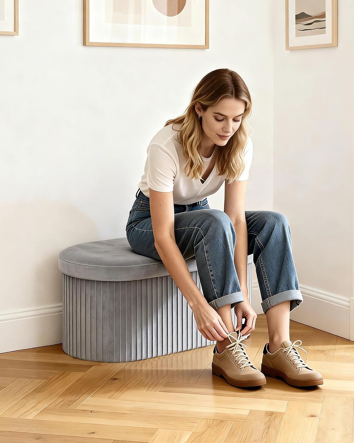 GLAXYFUR Folding Storage Ottoman, Velvet Upholstered Foot Rest, 30 Inches Oval Storage Bench for Bedroom, Living Room & Entryway (Light Grey)