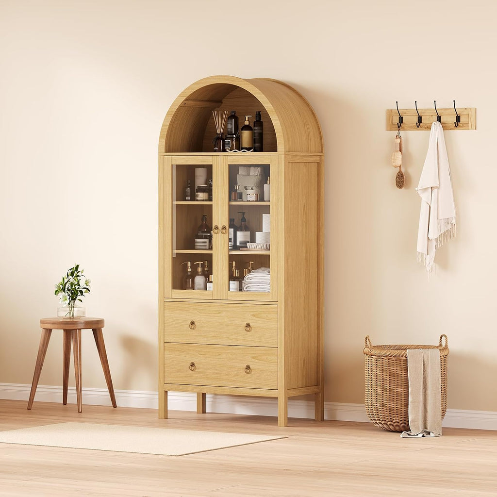 71" Display Arched Storage Cabinet, Kitchen Pantry with Tempered Glass Doors, 2 Large Drawers and Adjustable Shelves, Arched Bookshelf Cabinet for Dining Room Kitchen Office- Natural