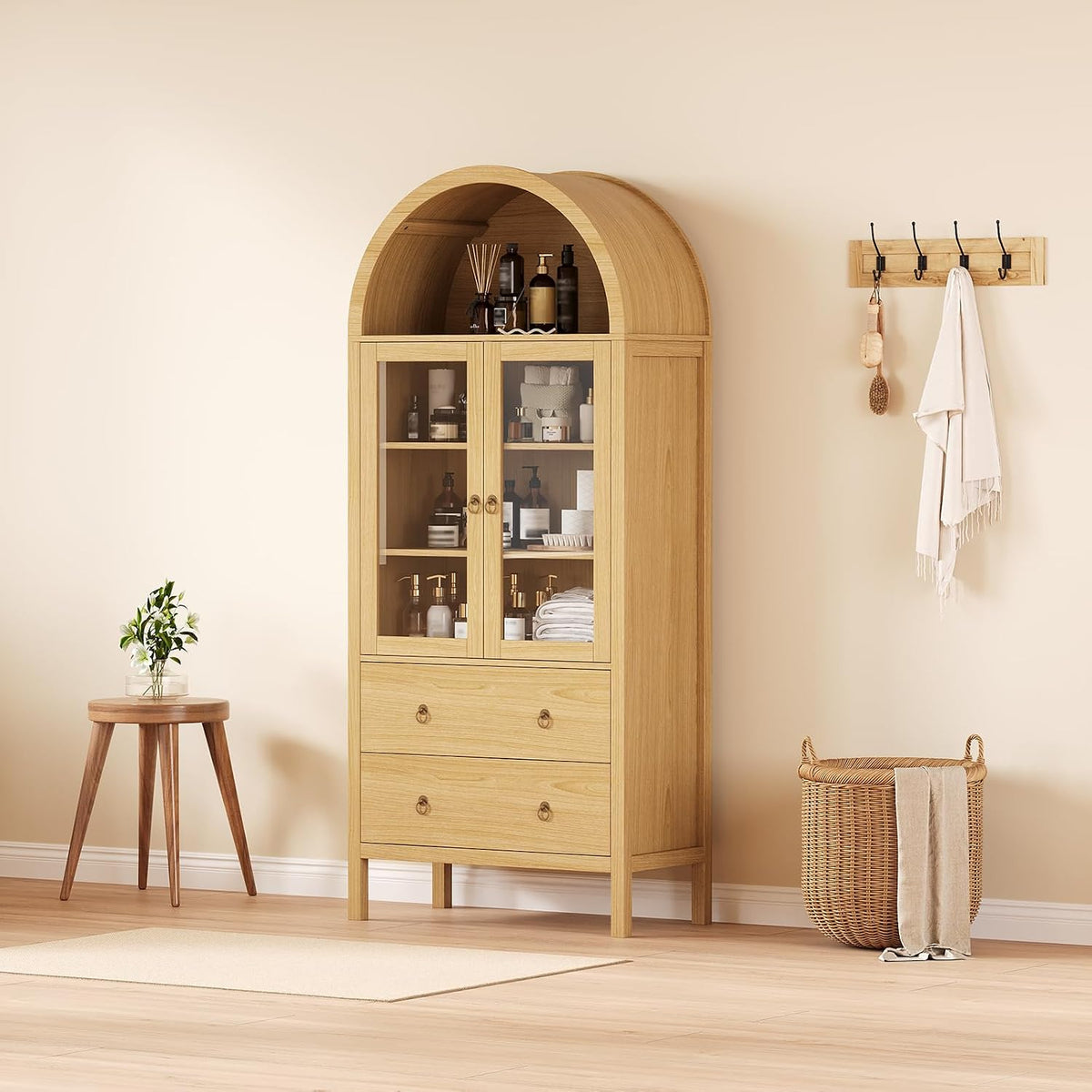 71" Display Arched Storage Cabinet, Kitchen Pantry with Tempered Glass Doors, 2 Large Drawers and Adjustable Shelves, Arched Bookshelf Cabinet for Dining Room Kitchen Office- Natural
