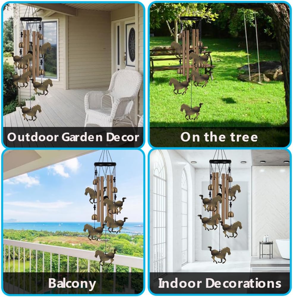 Horse Wind Chimes Outdoor Decor - with 4 Tubes 4 Bells 5 Horses Wind Chime, Mobile Romantic Horse Wind Catcher, Garden Horses Windchimes for Home, Mom Gifts, Balcony, Tree, Festival, Garden Decoration