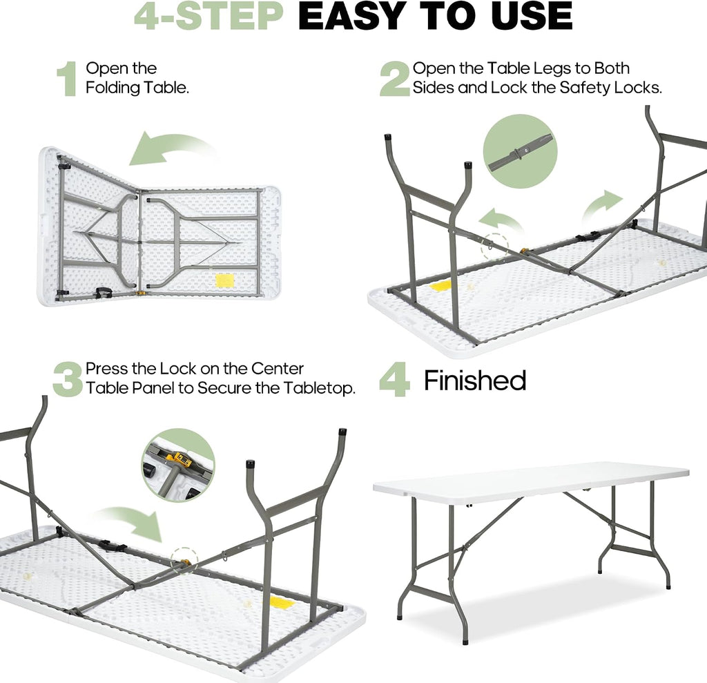 Folding Table 6ft, Heavy-Duty 500lbs Weight Capacity Foldable Table with HDPE Top & Steel Legs, Portable 6 Foot Picnic Table for Indoor Outdoor Parties, Camping, Event