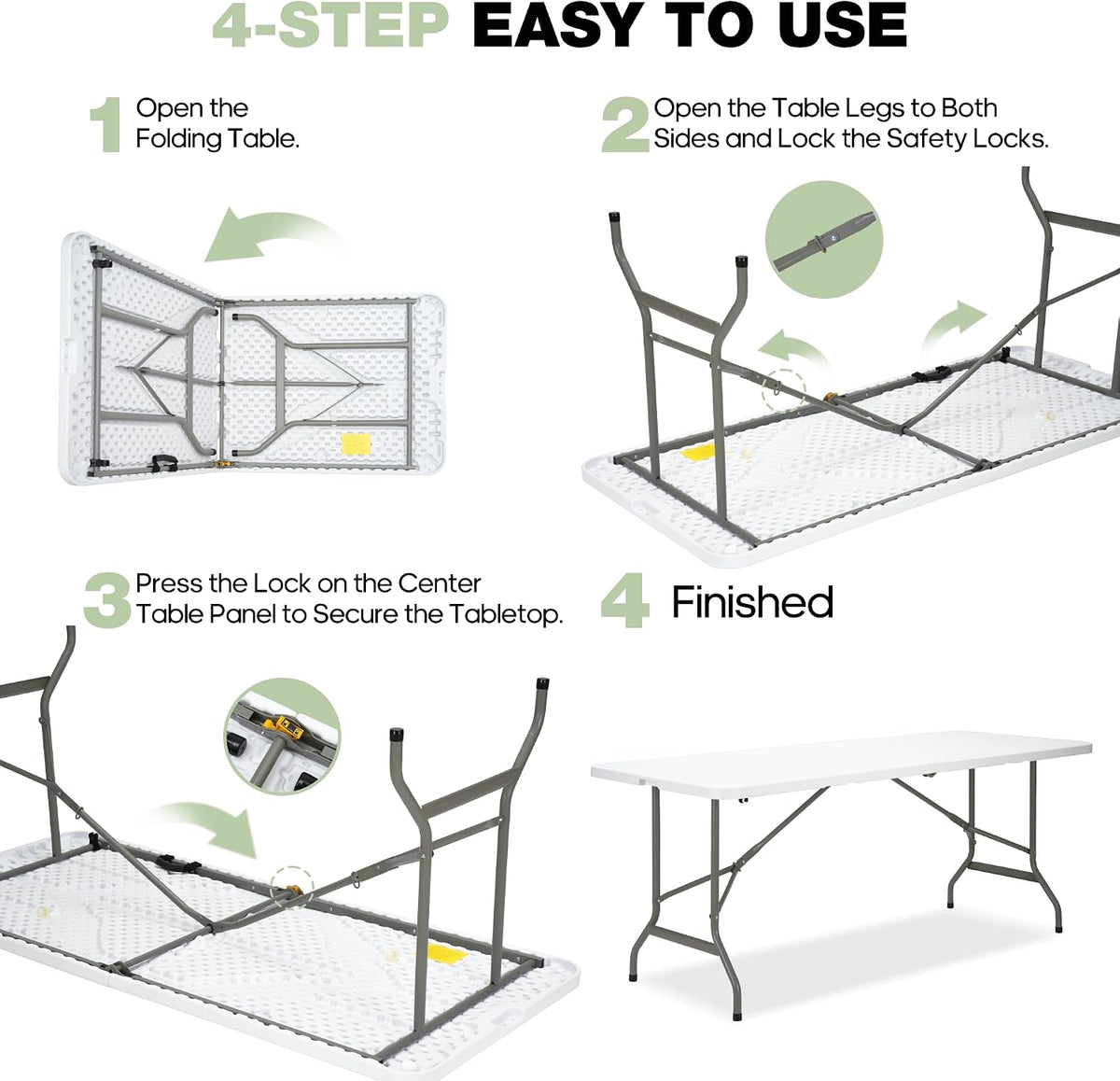 Folding Table 6ft, Heavy-Duty 500lbs Weight Capacity Foldable Table with HDPE Top & Steel Legs, Portable 6 Foot Picnic Table for Indoor Outdoor Parties, Camping, Event