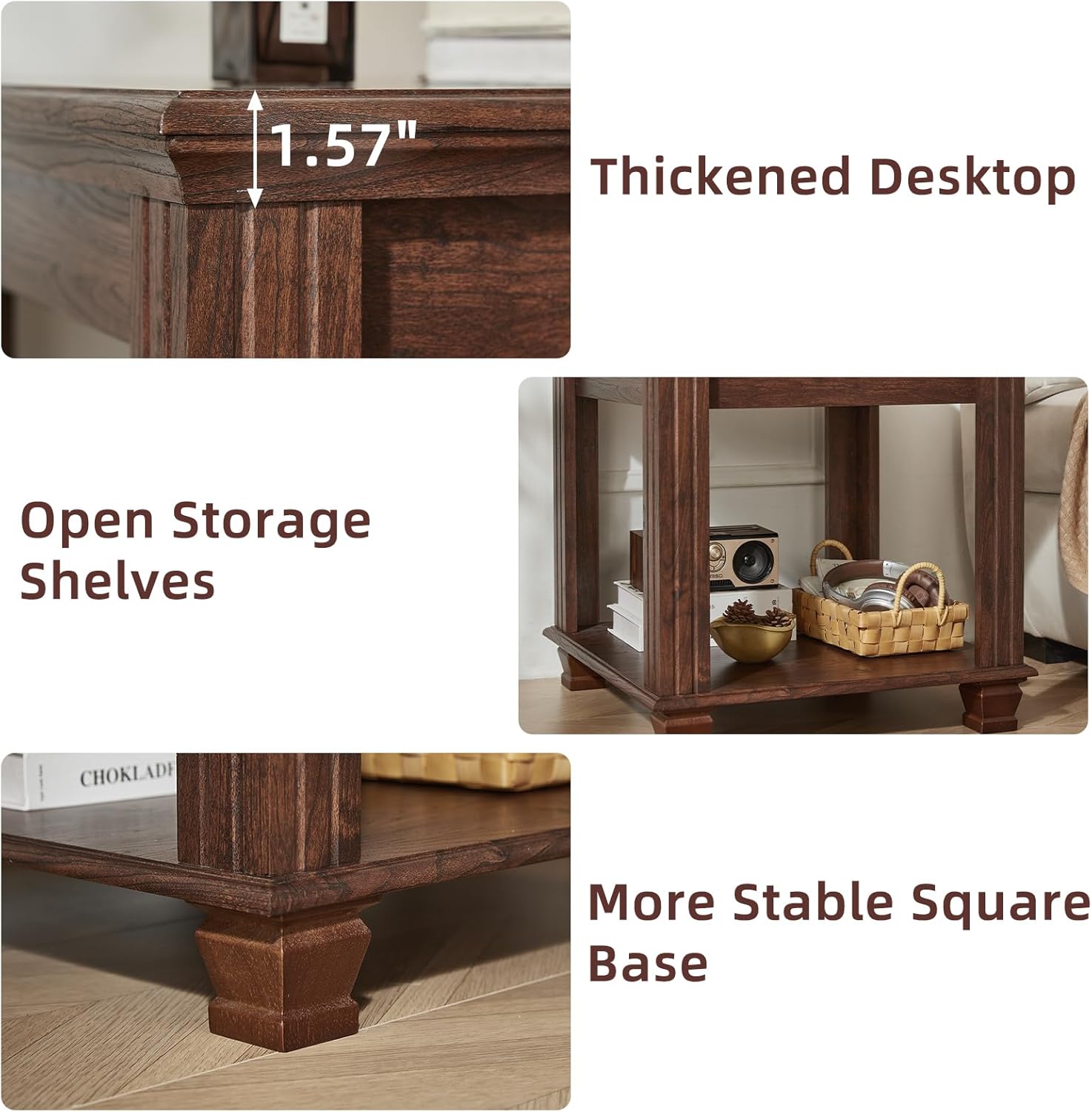 SAVOR LIFE Farmhouse End Table,Large Side Table with 2-Tier Storage Shelf,Rustic Brown End Tables for Living Room,Square Tea Table,Walnut