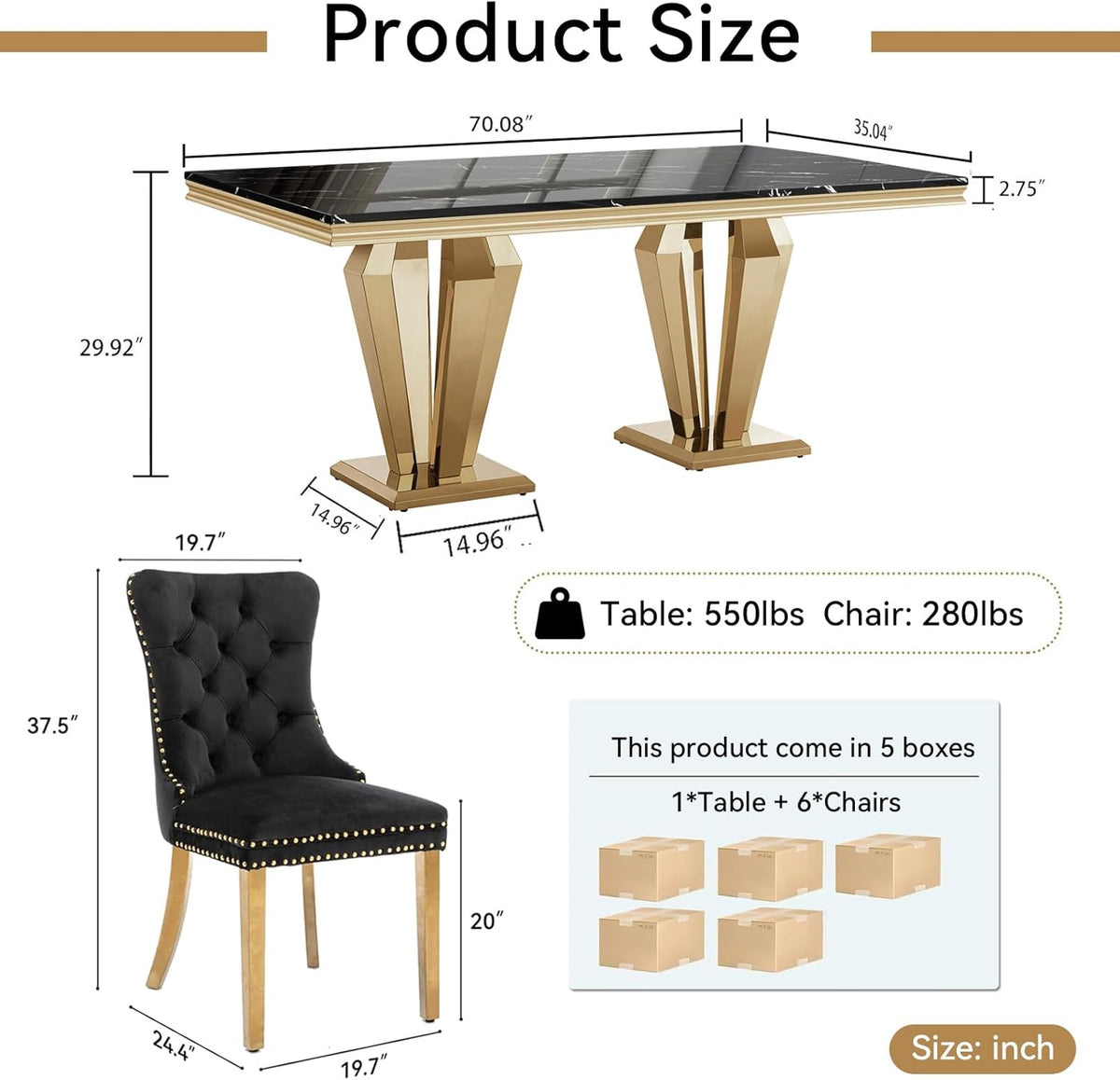 68" Faux Marble Dining Table Set for 6, Black Gold Dining Room Table with Stainless Steel Pedestal & 6 Black Velvet Dining Chairs, Modern Kitchen Table Chairs Set of 6, Luxury 7 Piece Dining Sets