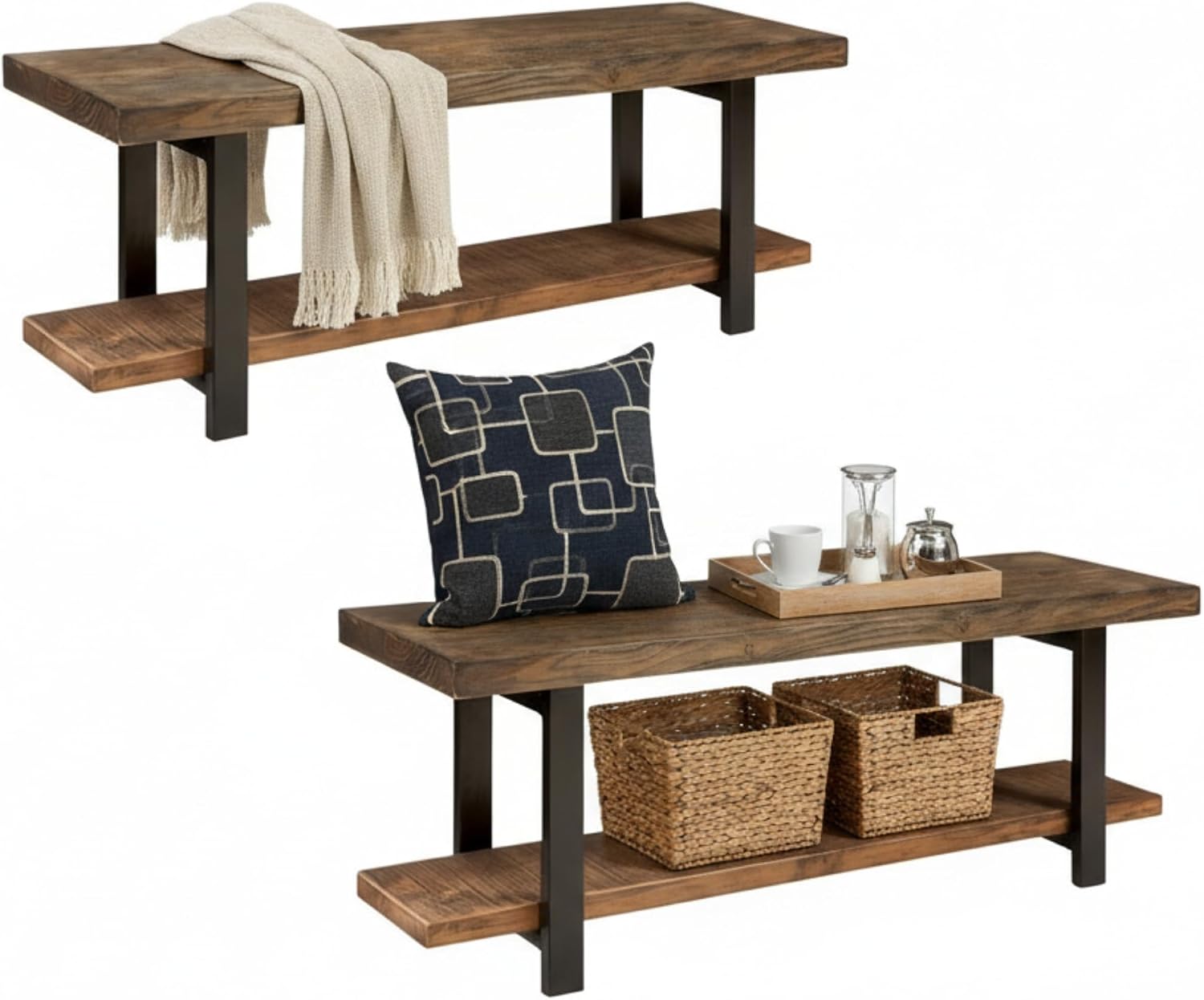 Alaterre Furniture Pomona Dining Bench Set of 2-48-Inch Modern Industrial Solid Wood Indoor Benches with Open Bottom Storage Shelf - Seating for Kitchen, Dining Room, and Living Room (Rustic Brown)